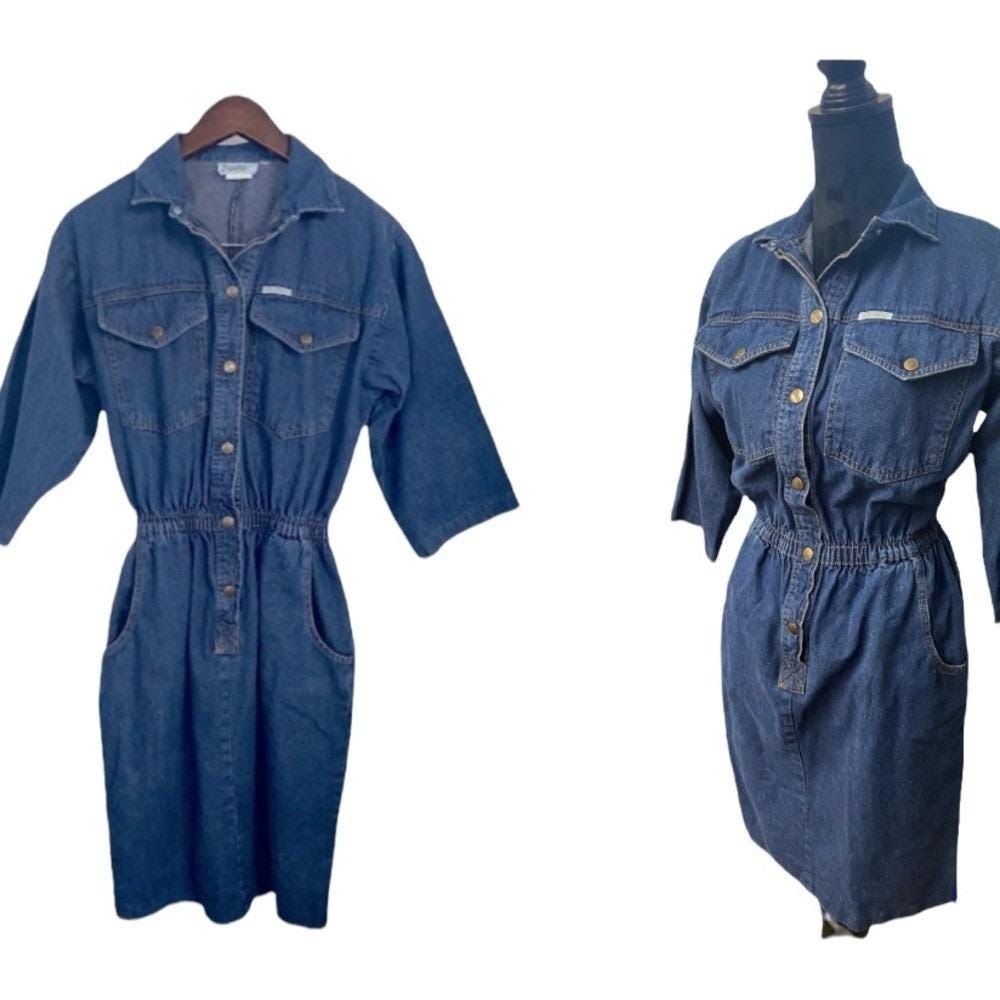 Ideas Denim‎ Midi Dress Elastic Waist Button Front Blue Cotton Vintage